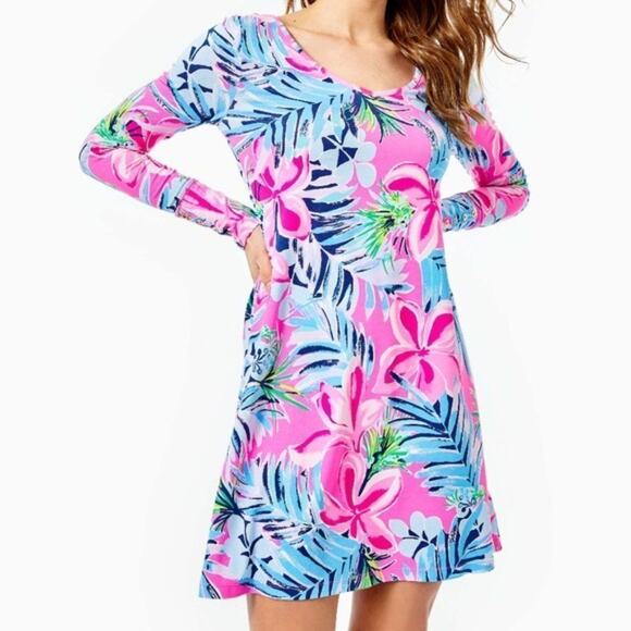Lilly Pulitzer Kaisley Dual Neckline UPF 50+ Swing Dress Cockatoo Pink Large - Picture 2 of 14